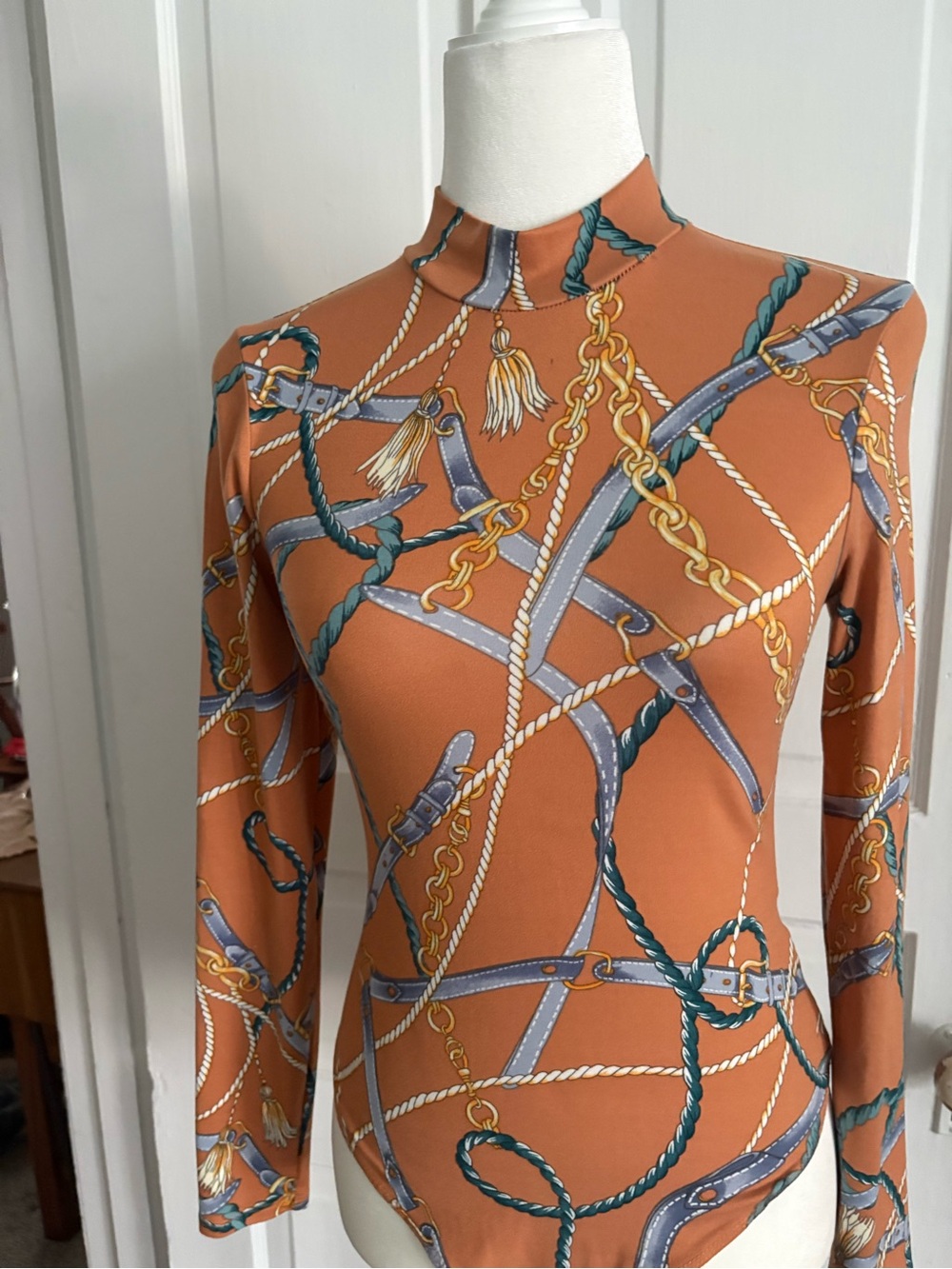 iris Rust Chain & Rope Print Mock Neck Bodysuit